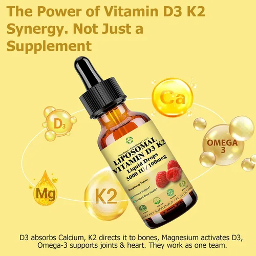 Miniatura 3 de Gotas líquidas de vitamina D3 K2 con calcio y magnesio omega3, alta potencia 5 en 1 D3 K2 vitamina 5000 UI Suplemento para la salud ósea, dientes