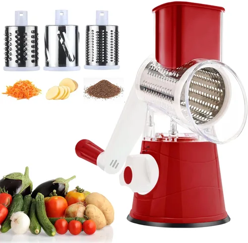 Miniatura 9 de Rallador de queso giratorio manual redondo para verduras, patatas y zanahorias, 3 rallador de queso intercambiable, rebanador de mandolina con base