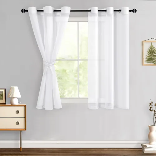 Miniatura 37 de Hiasan - Cortinas traslúcidas de gasa cortas semitransparentes con ojales y alzapaños filtrantes de luz para ventana, dormitorio, baño, 2 paneles