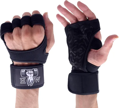 HW Guantes de levantamiento de pesas para hombres y mujeres, guantes de entrenamiento de gimnasio con soporte para la muñeca, protección completa de