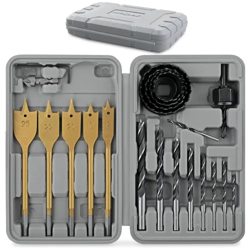 Hi-Spec Juego de 21 piezas de sierras de agujero para madera, puntas de clavo y brocas de pala. Accesorios de herramientas de perforación DIY para