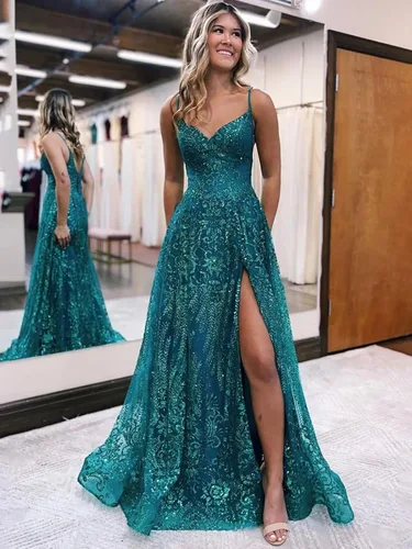 Miniatura 2 de Vestidos de fiesta de encaje 2024, vestidos largos con tirantes delgados, vestidos de noche con abertura y hombros descubiertos, vestidos formales