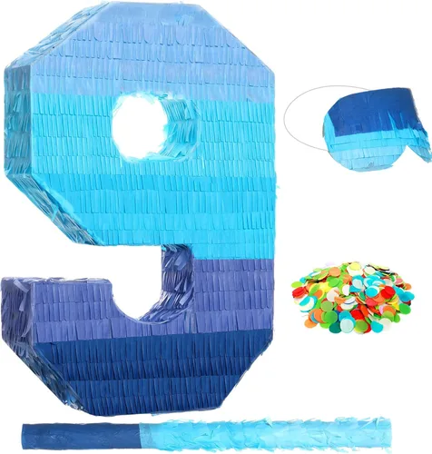 Miniatura 14 de Sratte Piñata número 1 2 3 4 5 6 7 8 9 Piñata con palo para los ojos vendados, piñata azul degradado para niños y niñas, suministros de decoración