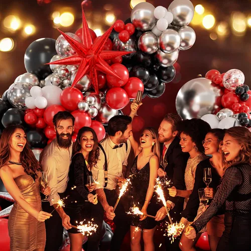 Miniatura 6 de Kit de arco de guirnalda de globos rojo, blanco y negro, decoraciones de fiesta rojas y negras con globos plateados blancos y confeti de látex