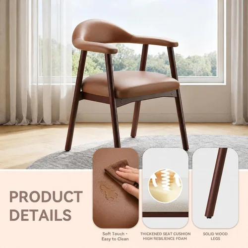 Miniatura 5 de MALOL Juego de 2 sillas de comedor de cuero con reposabrazos, silla de comedor tapizada con respaldo curvado y patas de madera, sillas de cocina