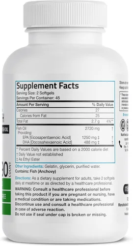 Miniatura 2 de Bronson Aceite de pescado Omega 3 de triple fuerza 2720 mg, alto contenido en EPA 1250 mg DHA 488 mg, sin OMG, probado para metales pesados, 90