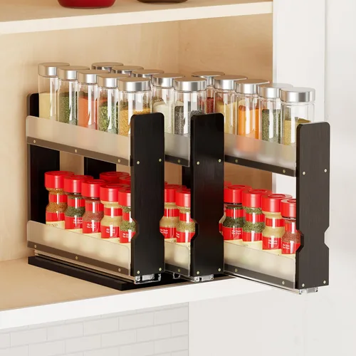 SpaceAid Organizador de especias extraíble de bambú para gabinete, organizador de condimentos deslizantes para cocina, despensa, organización Negro