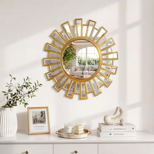 Espejo decorativo de pared dorado con sol, espejo de 24 pulgadas con forma de explosión de sol para decoración de pared, espejos dorados circulares