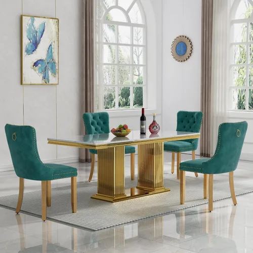 Miniatura 40 de HomVent Juego de mesa de comedor moderna de mármol sintético para 4 personas, mesa de cocina rectangular con 4 sillas beige (dorado)