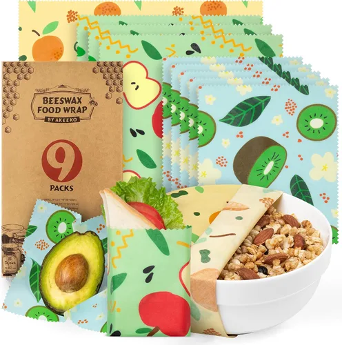 Akeeko Envolturas reutilizables de cera de abejas – Surtido de 9 paquetes, reutilizables, sin plástico, almacenamiento de alimentos 4 pequeños, 3