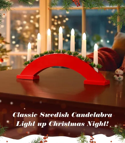 Miniatura 2 de Lewondr Candelabro sueco de Navidad, 7 velas cónicas sin llama con alimentación USB, luz de vela de ventana de Navidad con agujas de pino, luz de B