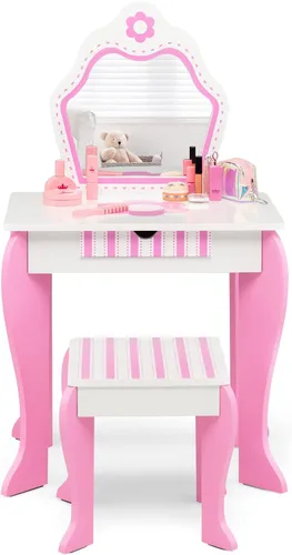 Miniatura 9 de HONEY JOY Tocador para Niños, Mesa de Maquillaje para Niños Pequeños con Espejo y Taburete, Tocador de Madera de Juego de Simulación para Niñas
