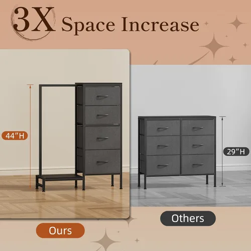 Miniatura 5 de HIGDBFE Cómoda con Perchero Colgante, 4 Cajones Armario Pequeño para Dormitorio, Cómoda de Tela Reversible para Niños con Perchero, Torre de Gris
