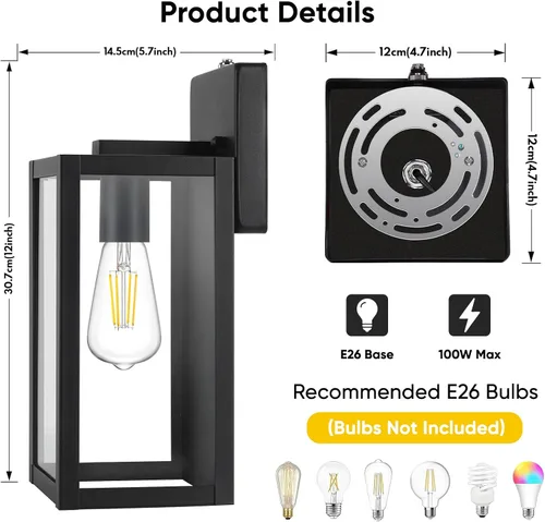 Miniatura 6 de BesLowe Paquete de 2 faroles de pared para exteriores del anochecer al amanecer, negro mate, apliques exteriores impermeables con vidrio