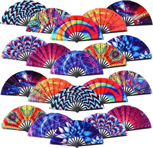 Miniatura 8 de FairySandy 20 abanicos de mano plegables grandes con varillas de plástico para hombres y mujeres, arco iris chino japonés con funda de tela