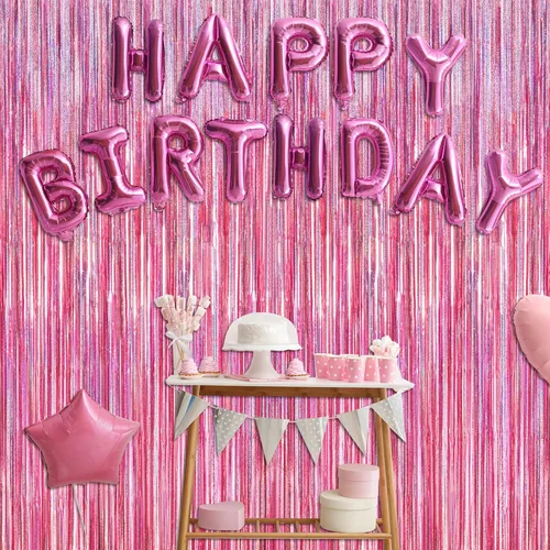 Miniatura 7 de Paquete de 2 fondos rosa brillante, 3.28 × 7.05 pies, cortinas de flecos láser metálicas, ideales como decoración de cumpleaños, fondo para fotos