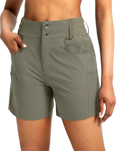 Miniatura 18 de Viodia - Pantalones cortos de senderismo de 5" para mujer, para golf con bolsillos, de cintura alta, elásticos, cargo, pantalones cortos para mujer