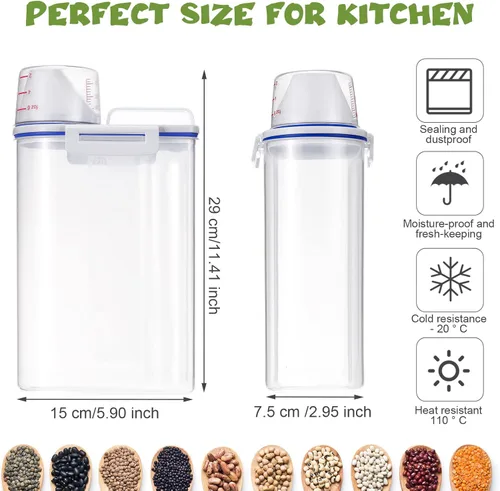 Miniatura 2 de Juego de 4 recipientes herméticos de almacenamiento de alimentos con dispensador de tazas medidoras, recipientes de plástico con tapas para arroz