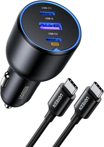 UGREEN Cargador de coche USB C de 130 W, PD 100 W + PD 30 W tipo C, adaptador de cargador de coche compatible con iPhone 17/17 Air/17 Pro/17 Pro