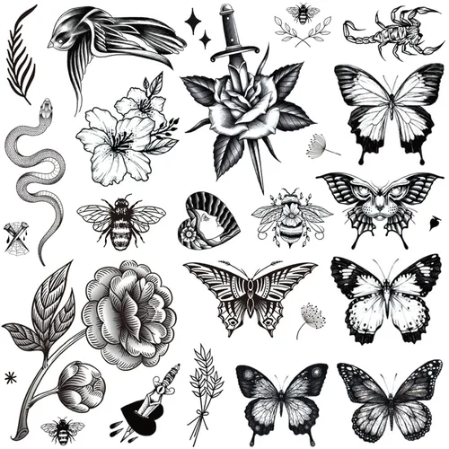 Tazimi 8 hojas de tatuajes temporales grandes en negro para mujeres y niñas, tatuajes falsos realistas de mariposas, serpientes, abejas,