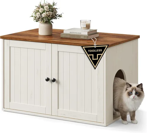 SONGMICS HOME Caja de arena, montaje sin herramientas superrápido, muebles de caja de arena para gatos, puertas de empuje para abrir, casa interior