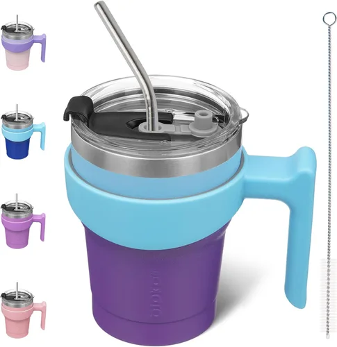 Miniatura 44 de BJPKPK Vaso con asa de acero inoxidable de 20 onzas, con aislamiento de doble pared, con tapa y pajita, color rosa claro A-rosa claro