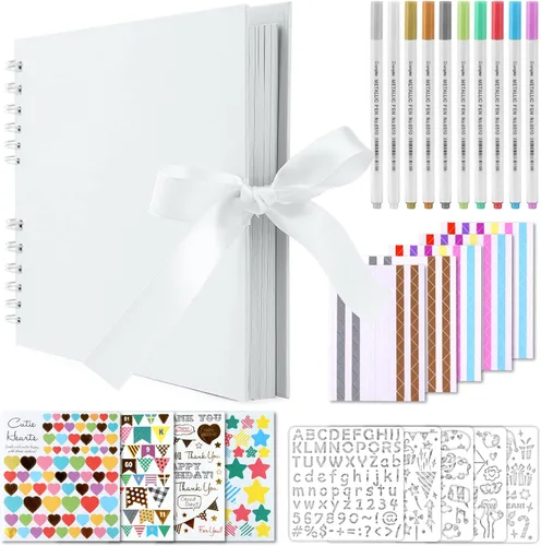Gotideal Álbum de recortes de 80 páginas con 10 marcadores metálicos, álbum de fotos de papel artesanal para bodas y aniversarios, accesorios de