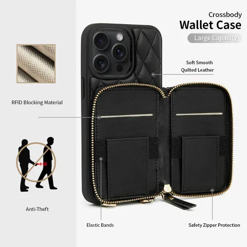 Miniatura 3 de LAMEEKU Funda Cartera para iPhone 15 Pro, Bolso Cartera Cruzada con Portarjetas, Correa de Muñeca de Cuero Acolchado con Cremallera y Bloqueo RFID