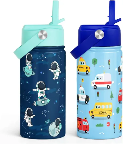 Botella de agua para niños de 12 onzas con tapa con popote, paquete de 2 botellas de agua aisladas de acero inoxidable para niños y niños, taza de