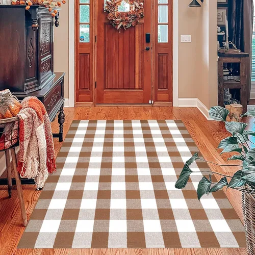Miniatura 35 de Alfombra a Cuadros Naranja y Negra, 3 x 5 Pies, Alfombra Decorativa de Otoño para Puerta Delantera al Aire Libre, Alfombra de Algodón Lavable Tejida