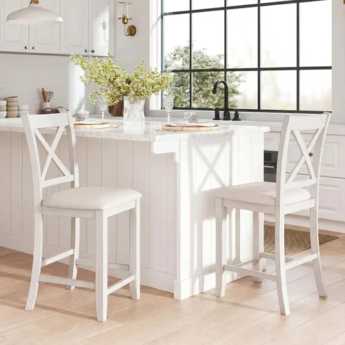Giantex 24" Bar Stools Set of 2, Farmhouse Counter Height Barstools w/Footrest, Cross Back, Comfortable Linen Cushion, Upholstered Wood Bar Chairs