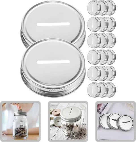 Miniatura 9 de Luxshiny 20 tapas para conservas, tapas de ranura para monedas para tarros de boca regular, tarros de ahorro de dinero, tapas ranuradas plateadas
