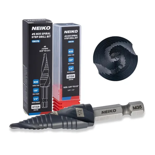 Miniatura 62 de NEIKO 10602B Step Drill Bit, 13 Steps 1/8" to 1/2" Spiral M35 Cobalt, AlTiSiN Coated, 1/4" Quick Change Step Bits for Steel, Metal, Wood, Plastic