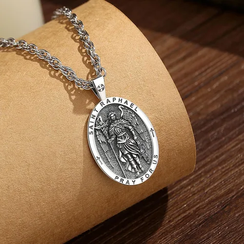 Miniatura 38 de EUDORA Collar de plata de ley 925, San Cristóbal y San Benito, San Miguel, Virgen María, San Judas Tadeo, Cruz de Buen Pastor y Arcángel, Medalla