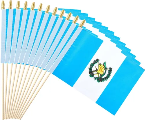 Paquete de 25 mini banderas guatemaltecas de mano con bandera de Guatemala pequeña en palo de 5 x 8 pulgadas