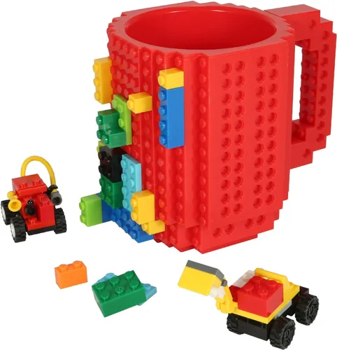 Lumsburry Taza de café de ladrillo integrada, divertida taza de bricolaje con bloques de construcción creativa para niños, hombres y mujeres, Rojo