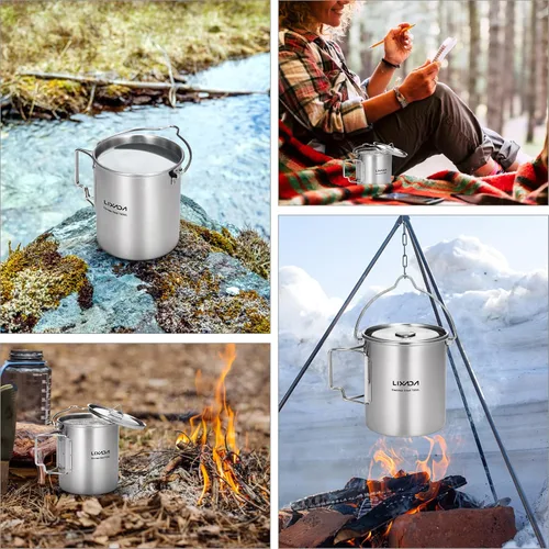 Miniatura 5 de LIXADA Taza para acampar, taza de agua de acero inoxidable de 25.4 fl oz con asas plegables y tapa para acampar al aire libre, senderismo, mochilero