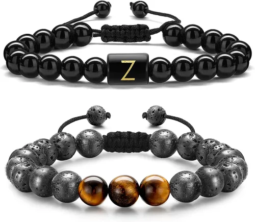 STORUP Pulsera de regalo para hombres Pulsera de cuentas de piedra de lava de ojo de tigre de 0.315 in para hombre, enlace inicial, hecha a mano,