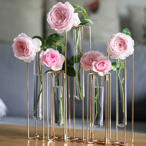 Miniatura 9 de HelloHome Florero con bisagras, jarrón con marco de metal negro con 5 tubos de ensayo, soporte para plantas de estación de propagación, decoración
