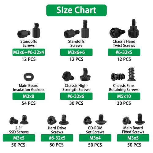 Miniatura 4 de Kit de surtido de 350 tornillos para computadora, separadores de placa base de acero al carbono negro de 6-32 macho a M3 hembra para disco duro SSD