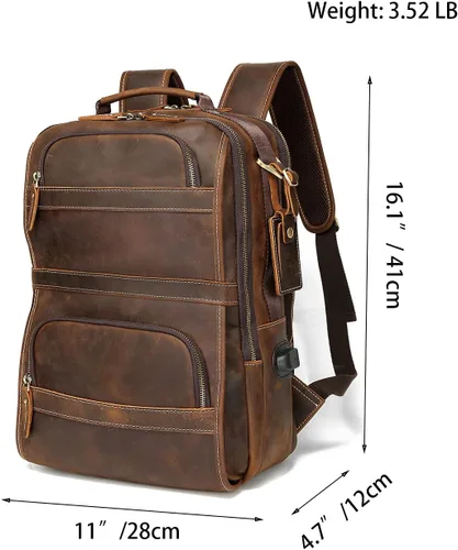 Miniatura 6 de LANNSYNE Mochila de cuero genuino vintage para hombres 15.6 pulgadas portátil bolsa de noche fin de semana camping mochila, Marrón, Mochilas