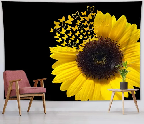 Miniatura 31 de LB Tapiz de bandera estadounidense de girasoles, tapiz con cita inspiradora, tapiz para colgar en la pared, tapiz floral negro y amarillo, tapices