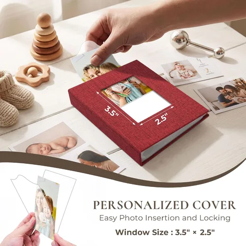 Miniatura 3 de Vienrose Álbum de fotos pequeño de 4 x 6 pulgadas, paquete de 2 mini libros de fotos con cubierta de lino, 26 páginas con capacidad para 52 Rojo