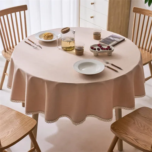 Miniatura 2 de Dimatic Mantel redondo con textura de lino con ribete de encaje, impermeable, a prueba de derrames, para decoración de mesa de cocina, comedor, Beige