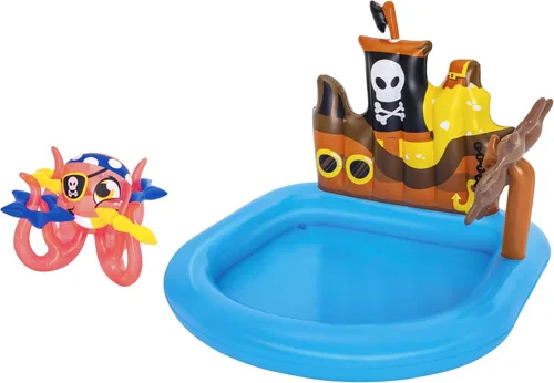 Bestway Ships Ahoy Water Play Centre | Parque acuático inflable pirata para niños, juguetes de jardín con lanzamiento de anillo de pulpo para niños