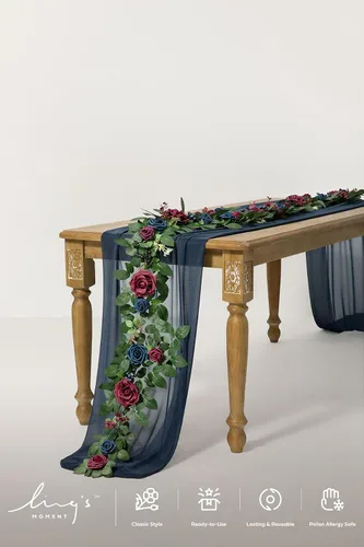 Miniatura 4 de Ling's moment Guirnalda de Flores Artificiales de 5 Pies en Color Burdeos Arco Floral Azul Marino Centro de Mesa Rosa y Hojas para Bodas Fiestas
