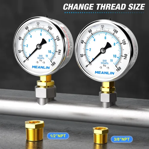 Miniatura 3 de MEANLIN MEASURE - Manómetro de acero inoxidable, relleno de líquido, esfera con cara de 2.5 pulgadas, NPT de 1/4 de pulgada, agua, aceite y aire