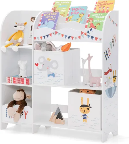 HONEY JOY Organizador de almacenamiento de juguetes para niños, unidad de almacenamiento de madera con 2 cajas, estantería de exhibición para niños