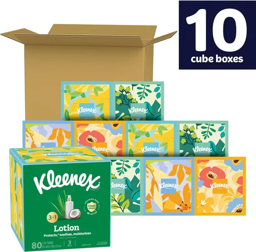Miniatura 2 de Kleenex Loción de pañuelos faciales con aceite de coco, 10 cajas de cubos, 80 pañuelos por caja, 3 capas
