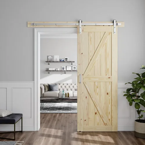 Miniatura 10 de SMARTSTANDARD Puerta corrediza de granero de 24 x 80 pulgadas con kit de herrajes y mango de níquel cepillado de 5 pies, se requiere un montaje